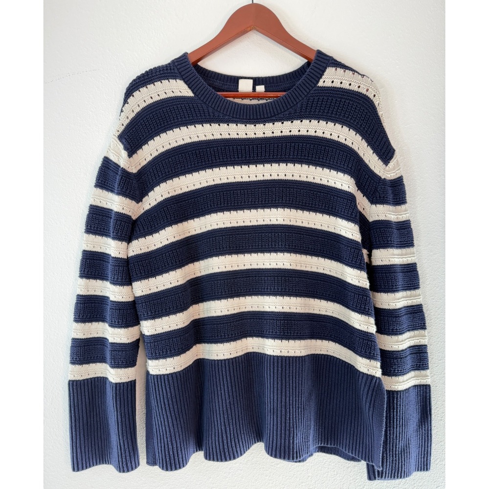 Gap Sweater Nautical Striped Chunky Open Knit Navy Blue White Preppy Old Money M
